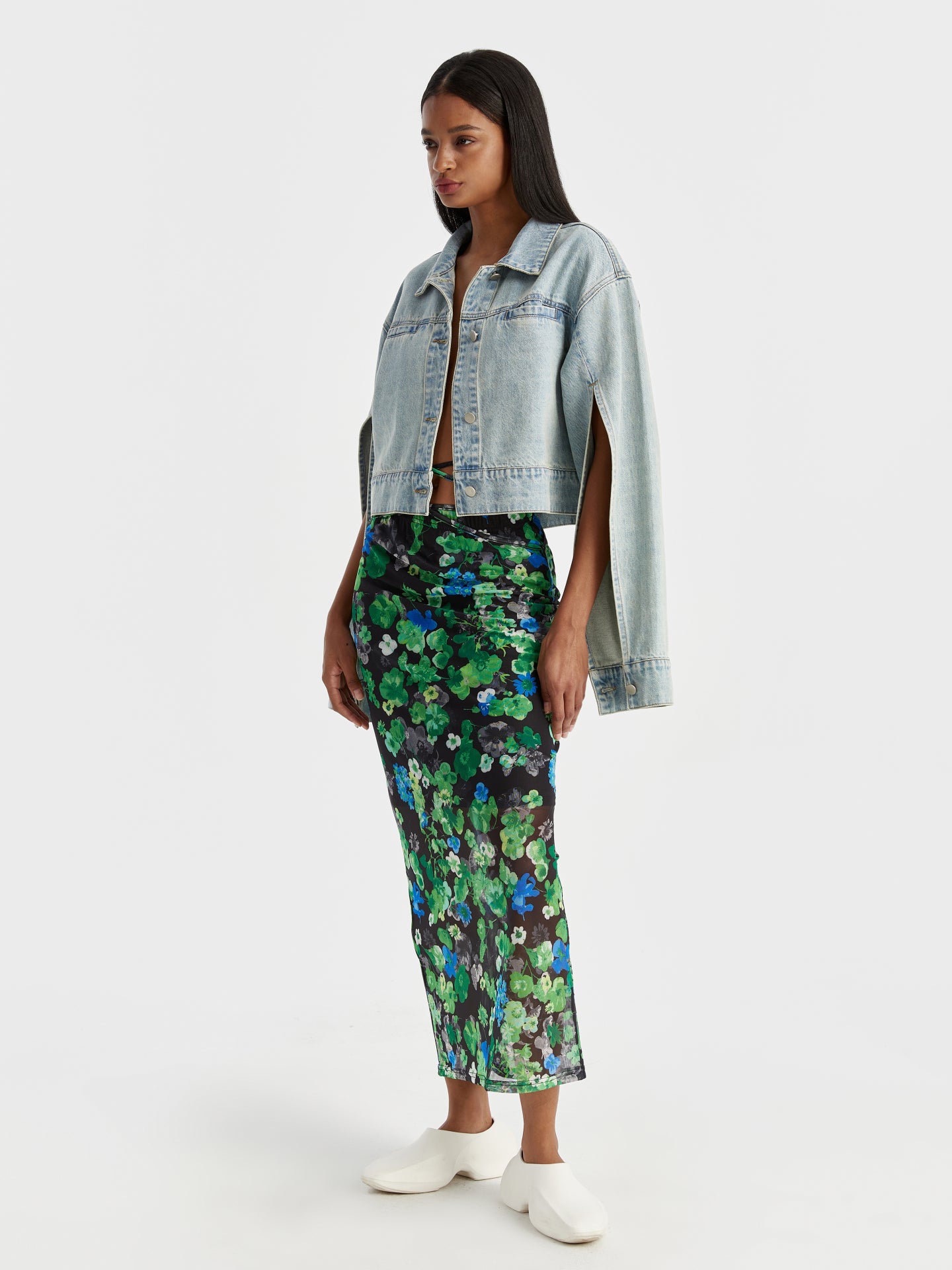 Tie Belt Detachable Slim Floral Printed Mesh Skirt URBANIC